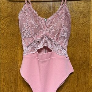 Lace Trim Pink Bodysuit